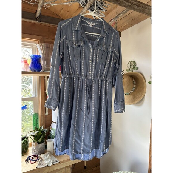 Women's Medium Blue Chambray Denim Long-Sleeve Shirt Dress Stripe Button - Picture 1 of 6